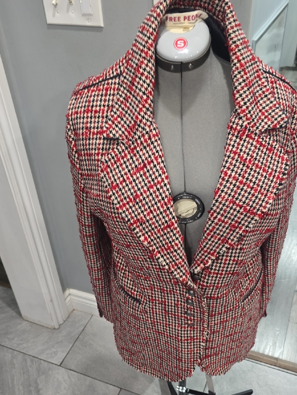 Free People Red and Black Houndstooth Blazer